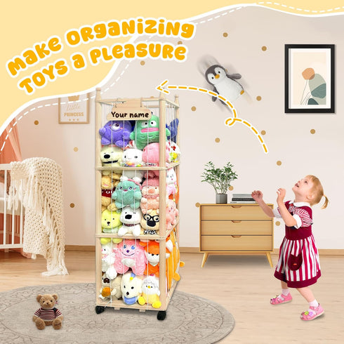Pmbqifay Stuffed Animal Storage/Organizer Cute Wooden Stuffed Animal Zoo Storage Plush Toy Holder Cage for Nursery