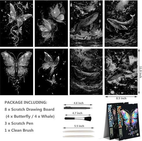 Glow in The Dark Scratch Art Rainbow Painting Paper 8 Sheet with Pen, Engraving Landscape Scratchboard (A4) for Kids