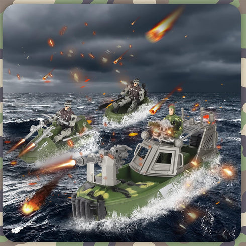 Set: 5 3-5 deAO Military Vehicles Toy Combat Boat, Helicopter, Tank Toy with Army Men Figures, Accessories - Great Army