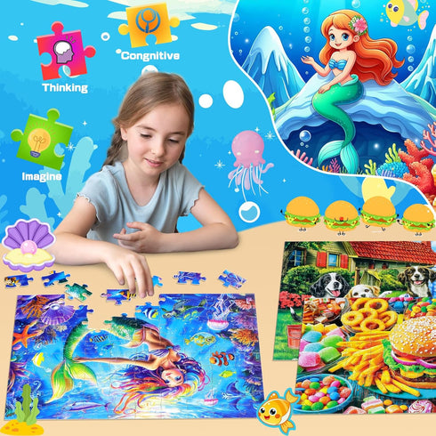 Ciesa 4 Packs 100 4-6 6-8 8-10, 4-6 5-8 Piece Puzzles for Kids Ages Mermaid Dogs Cats Hamburger Educational Jigsaw