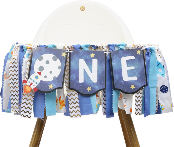 WAUAO Outer Space High Chair Banner - Planets Astronaut Rocket 1st Birthday Decorations,Space