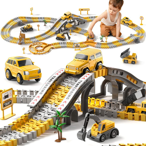 TEMI 236 PCS Construction Toys Race Tracks for 3-6 Year Old Boys, Flexible Track Playset with Construction Cars