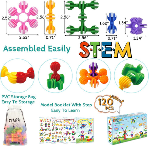 Kids Building Blocks STEM Toys, 120 PCS Plastic Gear Interlocking Sets, Safe Material for Girls and Boys Aged 3+