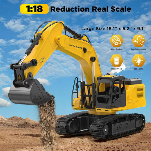 1:18 11-Channel 100-Min 2026 6-12 Metal RC Excavator Toy for Kids | Remote Control Construction Vehicle with Water