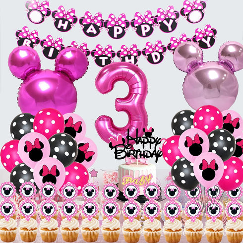 50pcs Pink Mouse Birthday Decorations, 3 Year Old Girl Party Supplies, Balloons, Cake Topper, Cupcake Topper