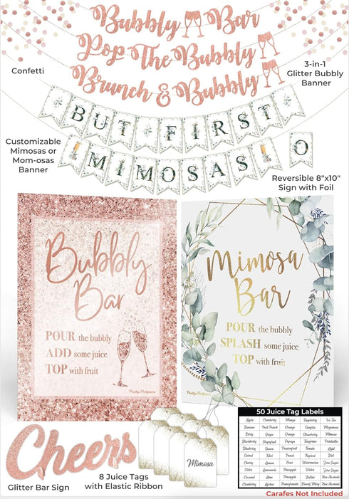PRESTIGE Mimosa Bar Kit, Bridal Shower Decorations, Rose Gold Bachelorette Party Decor, Brunch & Bubbly Sign