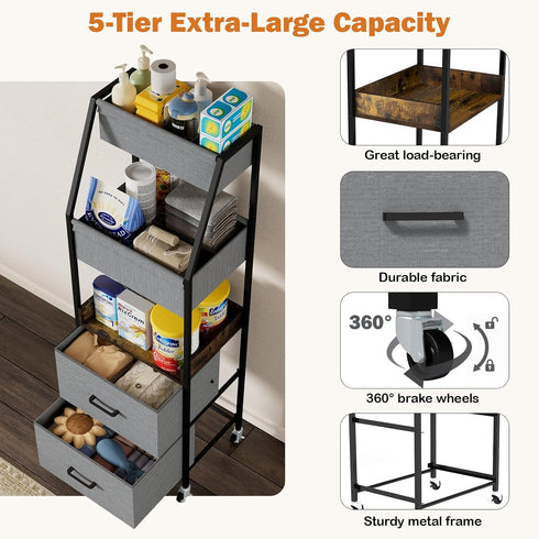 Lurgno 5 Baby Diaper Caddy Organizer and Storage - Tier Rolling Cart with Dividers and Drawers, Mobile Utility Cart