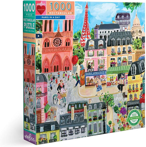 eeBoo 1000 Piece Rectangular Jigsaw Puzzle - Piece and Love Paris in a Day, Glossy, Sturdy, Minimal Dust