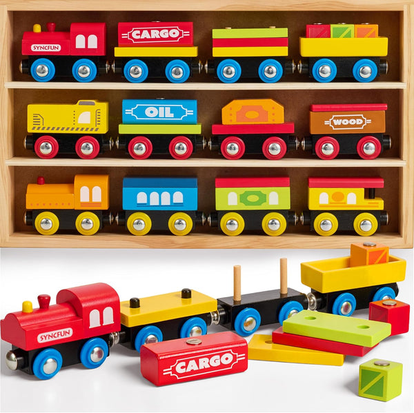 Montessori Wooden Train Toy Set for Kids, 12PCS Magnetic Train Cars with