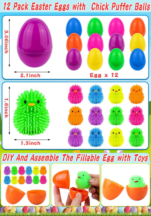 FLYSNK 12 Pack Easter Eggs Filled with LED Chick Puffer Balls, Easter Basket Stuffers with Light Up Fidget Stress Toys