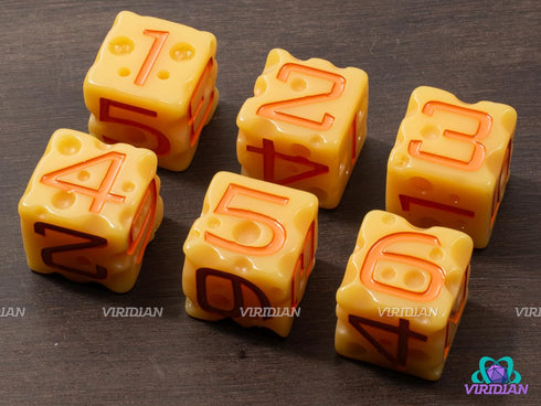 Cheese D&D D6 Dice Set (Light-Yellow & Orange Nacho Color) with Swiss Holes | 6 Piece D6 Polyhedral Resin Set