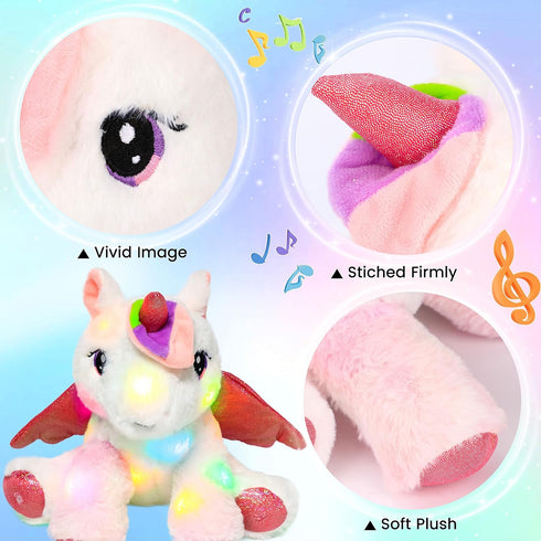 11'' Hopearl LED Musical Stuffed Unicorn Adorable Lighting Up Singing Plush Toy Adjustable Volume Lullaby Animated