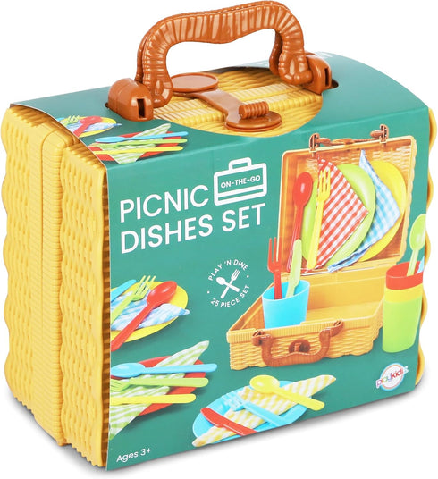 25 Set Playset, 3+ Kids Picnic Basket Toy Dishes, Piece Plastic Tea Party - Colored Pretend Play Dishes Toddlers