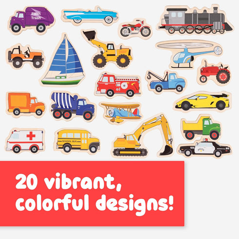 SPARK & WOW Wooden Transport Magnets Set of 20, Cute Transportation Magnets for Kids Ages 2+ for Fridges and Whiteboards