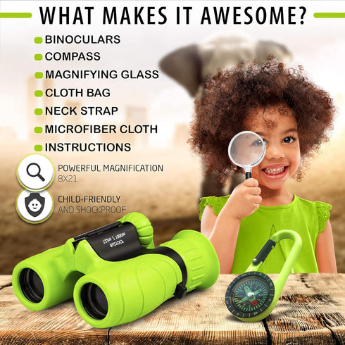 Promora Binoculars for Kids, Set with Magnifying Glass & Compass, Purple, for Ages 3-12