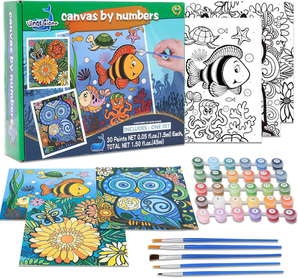 3 Pack Paint by Numbers for Kids Ages 8-12, Includes (8x10, 8x9, 8x8 inch) Framed Canvas, 30 Acrylic Paint Pots, 5