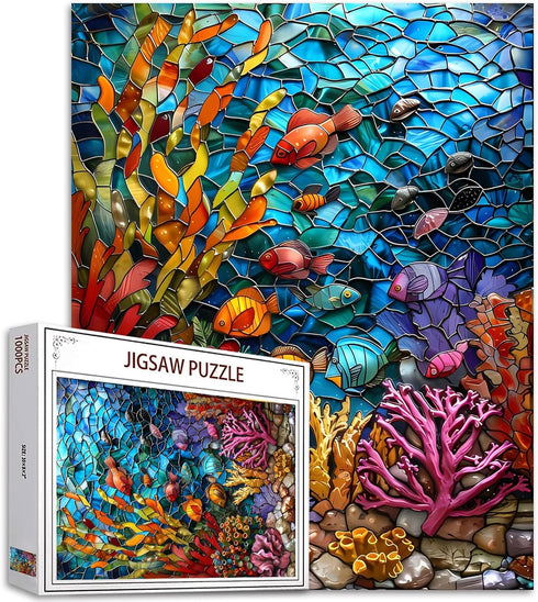 1000 Piece Jigsaw Puzzles for Adults - Stained Glass Ocean Painting Jigsaw Puzzle Underwater World - Colorful Glass