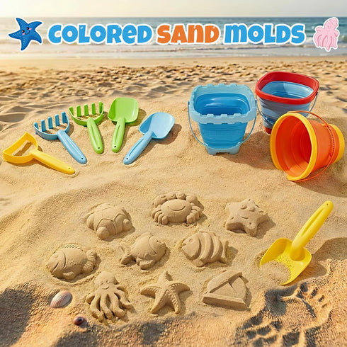 Cozycharm Set 3 3 3 9 Backpack Summer Beach Sand Toys for Toddlers, Portable Travel Beach Toys with Collapsible