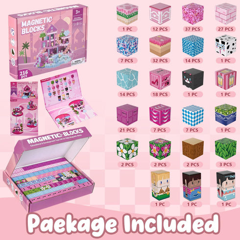 ADAH 216PCS 4-8, 3-6 Magnetic Building Blocks for Girls, Pink Princess STEM Toys for Ages Creative Educational Building
