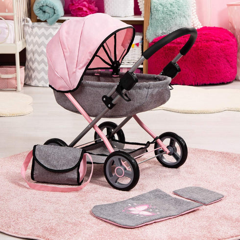 Bayer Dolls 4-in-1 Toy Baby Doll Pram Stroller Cosy Set, Fits Dolls Up to 18" (Pink/Grey)