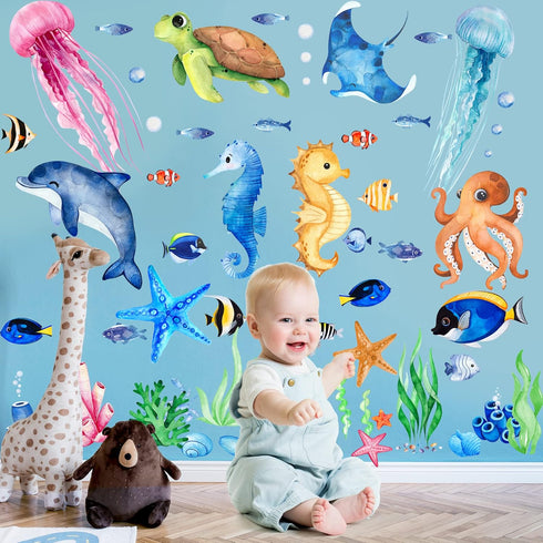 4 Sheets Ocean Fish Wall Decals Stickers, Removable Sea Life Marine Animal Decor for Kids Nursery Bathroom