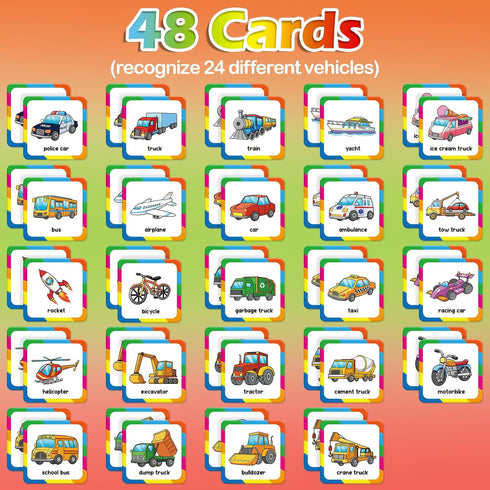 Memory Game for Kids, Vehicle 48 Pcs Toddler Card Games for Ages 3-6, Educational Flash Cards