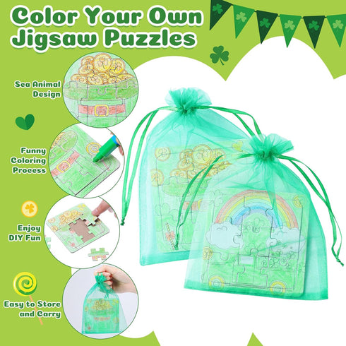Fullhawl 24 Sets 24 24 Supplies(24, St. Patrick's Day Puzzles Color Your Own Puzzles DIY Jigsaw Crafts with Stackable