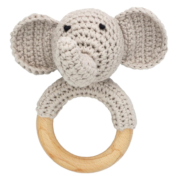 Woodland Friends Baby Rattle Shaker Toy with Wooden Teething Ring, Gray Elephant