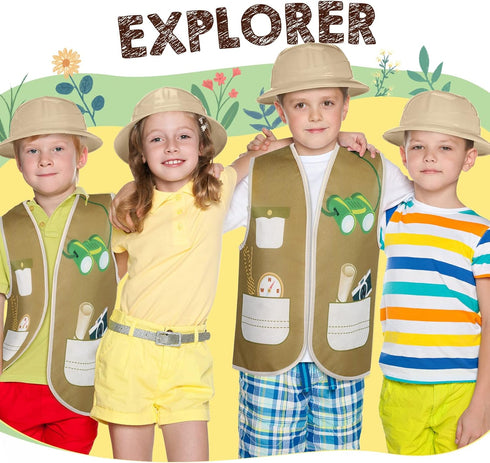 24 Pcs Kids Explorer Costume Sets - 12 Safari Vests and 12 Jungle Party Hats for Outdoor Activity Favors