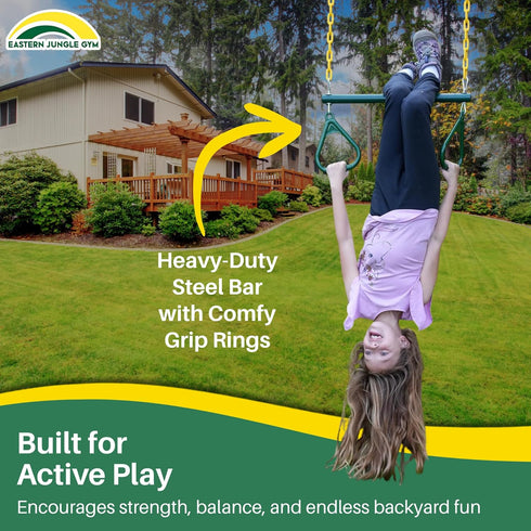 20" Pinch-Free 43" Eastern Jungle Gym Heavy-Duty Ring Trapeze Bar Combo, Large Trapeze Swing Bar with Triangular