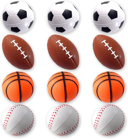 Mini Sports Balls for Kids Party Favor Toy, 12 Pack (Mix Sports) - Soccer, Basketball, Football, Baseball, Squeeze Foam