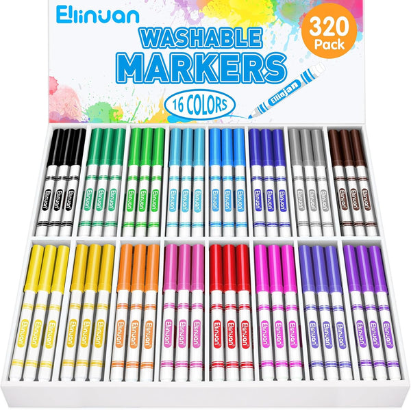 Ellinjan 320 Count Washable Markers Bulk, 16 Assorted Colors, Colored Thin Marker