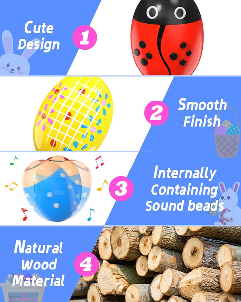9 Pack Wooden Percussion Musical Shake Easter Eggs with Toys Inside, Montessori Gifts for Kids Ages 3-5