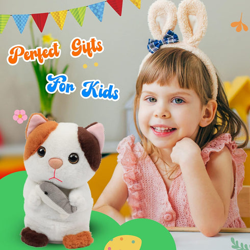 Hopearl Talking Kitty Plush Toy, Repeats What You Say, 7'' Interactive Cat Gift for Toddlers