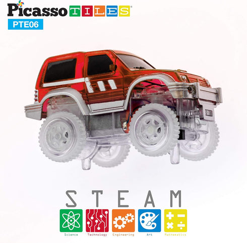 PicassoTiles 3 pcs Magnetic Toy Car Set, Light Up LED Compatible with Magnet Race Track for STEM Building Kits