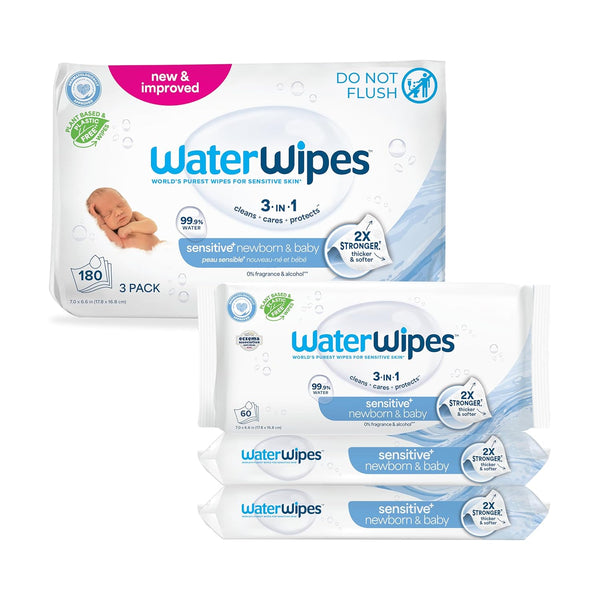 WaterWipes Sensitive+ Newborn & Baby Wipes, 3-In-1 Cleans, Cares, Protects, 99.9% Water,