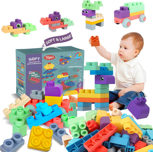 Baby Soft Blocks Building Toys, 70PCS STEM Educational Blocks for Babies 6 Months and Up, Soft Rubber Sensory Toys