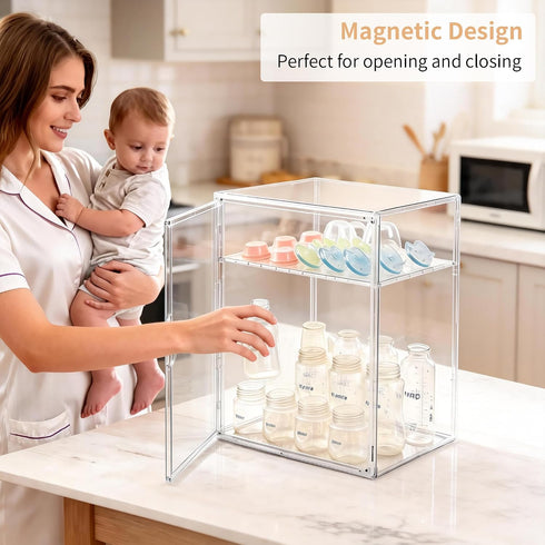 Countertop 2 Baby Bottle Storage Organizer for Cabinet, Tiers Nursery Clear Acrylic Bottles Station Organizers