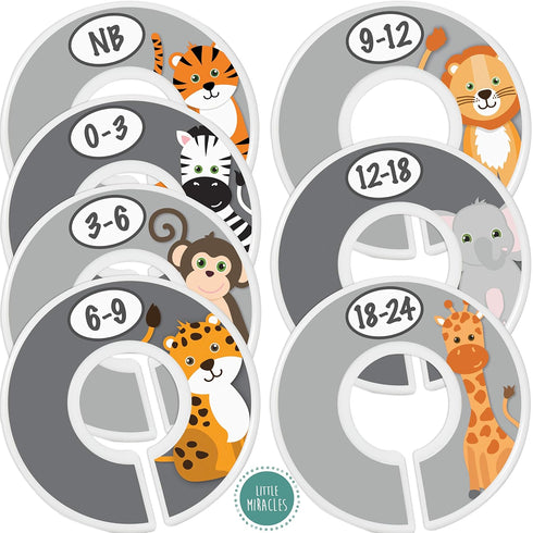 Safari Nursery Closet Size Dividers - 7X for Baby Clothes, Elephant Giraffe Zebra Lion Monkey Decor (Grey)