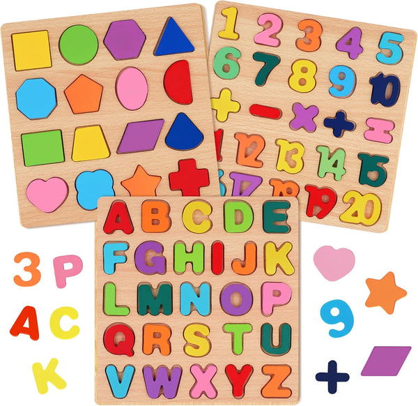 Wooden Puzzles for Toddlers 1-5 Years Old, Alphabet, Number, and Shape Educational Learning Toys Set