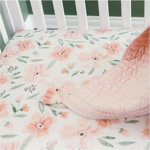 Crane Baby Soft Cotton Crib Mattress Sheet, Fitted for Cribs and Toddler Beds, Pink Floral, 28”w x 52”h x 9”d