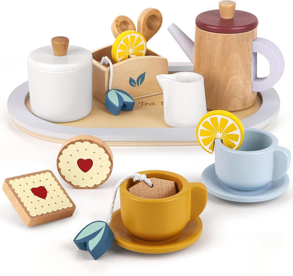 Wooden Tea Set for Toddlers, 19-Piece Dual-Flavour Pretend Play Tea Party Tray