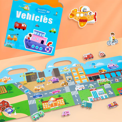 pinkking 3-6, 3+ Magnetic Reusable Sticker Book for Kids Ages Vehicles Truck with City Playboard Refrigerator Magnet