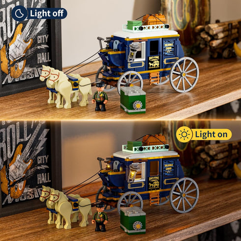 Set 307 Set Lumibricks Western Treasure Stagecoach Lighting Building-Bricks - Old West Carriage and Horse Pcs