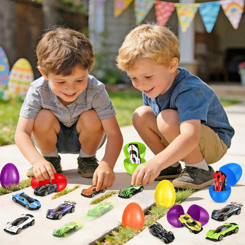 12 Pack Shemira Easter Eggs Filled with Die-cast Racing Cars for Kids Boys Easter Basket Stuffers, Prefilled Easter