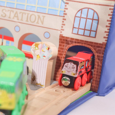 Train Storage Bin and Play Mat - Wooden Railway Take-Along Storage Box with Train Tracks Design - Two in One