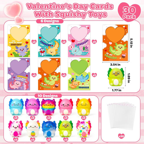 30 Pack OCHIDO Valentines Day Cards for Kids with Axolotl Slow Rising Squeeze Toys, Valentines Day Gifts for Kids