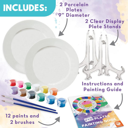 2 12 2 2 MindWare Paint Your Own Porcelain Plates - Kit Includes Porcelain Plates, Paints, Paint Brushes, and Stands