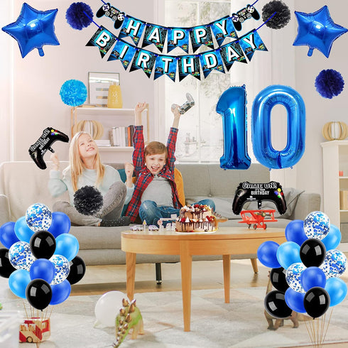 53 PCS 10th Birthday Decorations for Boys - Blue Video Game Party Supplies, Include Happy Birthday Banner, Number 10