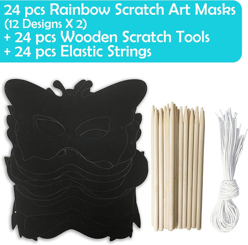 24 Sets Superhero Masks Rainbow Scratch Paper Art - Creative Classroom Arts and Crafts for Kids, Fun Party Favors